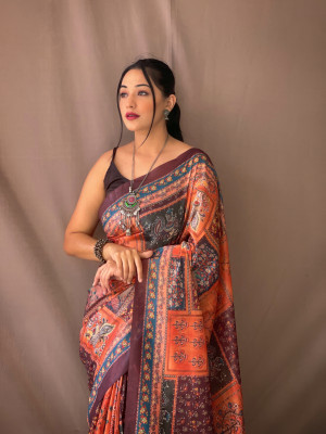 Orange color pure malai cotton saree with kalamkari print work