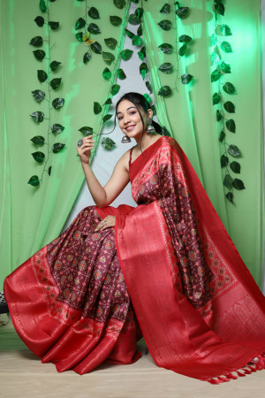 Dark magenta color patola silk saree with digital printed work