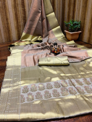 Beige color soft kanchipuram silk saree with zari weaving work