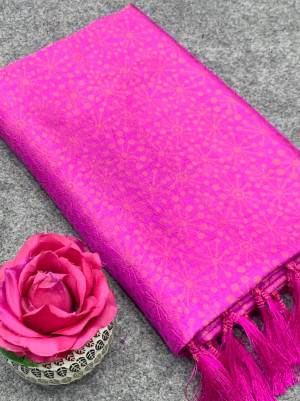 Rani pink color soft fancy silk saree with golden zari weaving work