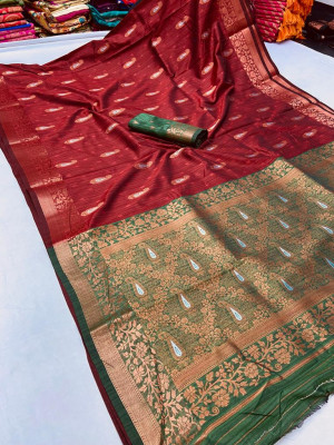 Maroon soft raw silk saree with weaving work