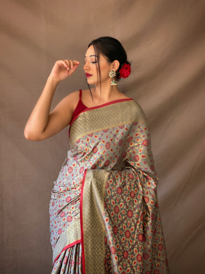 Gray color patola silk saree with zari weaving work