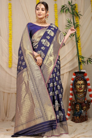 Navy blue color kanchipuram handloom silk saree with zari work