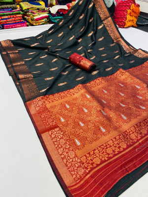 Black soft raw silk saree with weaving work