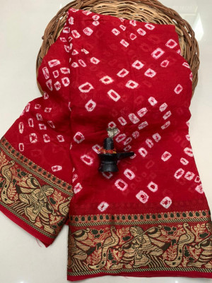 Red color hand bandhej bandhani silk saree with zari weaving work