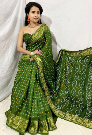 Mehndi green color soft bandhani silk saree with khadi printed work