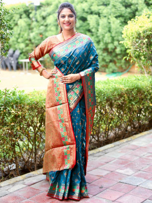 Firoji color soft banarsi silk saree with zari weaving work
