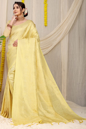 Light yellow color soft fancy silk saree with golden zari weaving work
