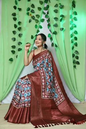Maroon color patola silk saree with digital printed work