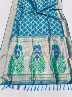 Firoji color paithani silk saree with golden zari weaving work
