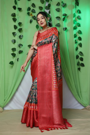 Rama green color patola silk saree with digital printed work