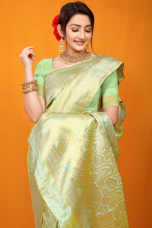 Sea green color banarasi silk saree with golden zari weaving work