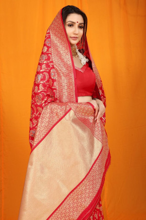 Red color kanchipuram silk saree with  zari weaving work