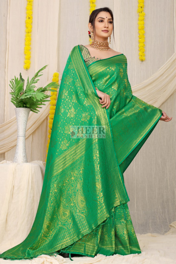 Green Color Soft Fancy Silk Saree With Golden Zari Weaving Work 9845