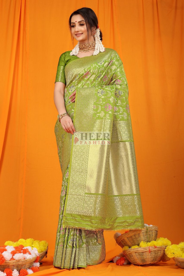 Mehndi green color kanchipuram silk saree with zari weaving work