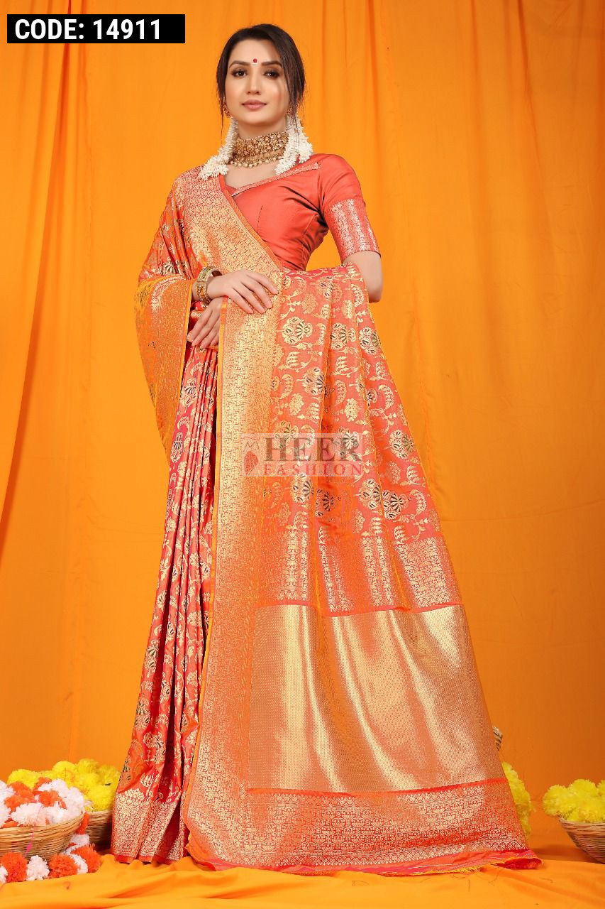 Peach color kanchipuram silk saree with zari weaving work