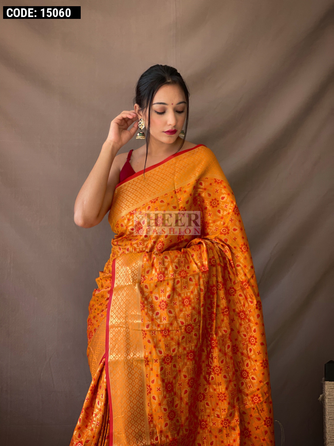 Olive Green Woven Zari & Printed Patola Silk Traditional Saree main image 1