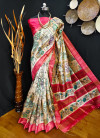 Red color tussar silk saree with kalamkari printed design