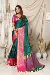 Rama green and rani pink color soft cotton silk saree with woven design