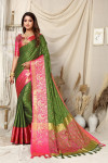 Green and rani pink color soft cotton silk saree with woven design