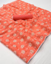 Orange color soft simar saree with printed work
