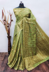 Pista green color soft handloom cotton saree with zari weaving work