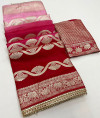 Red color soft muslin silk saree with zari weaving work
