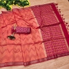 Peach and red color tussar silk saree with zari woven work