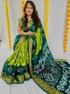 Parrot green and green color soft hand bandhej silk saree with zari weaving work