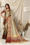 Beige and maroon color soft cotton silk saree with woven design