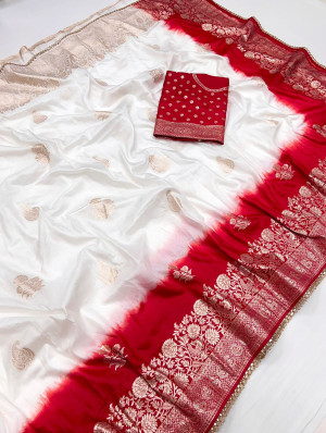 White color soft muslin silk saree with zari weaving work