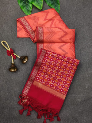 Peach and red color tussar silk saree with zari woven work