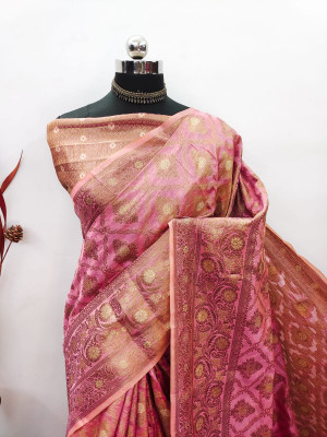 Baby pink color soft handloom cotton saree with zari weaving work
