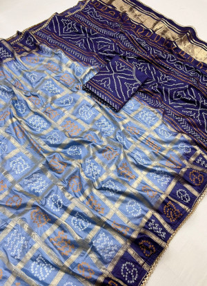 Sky blue and navy blue color soft viscose silk saree with bandhani woven pallu