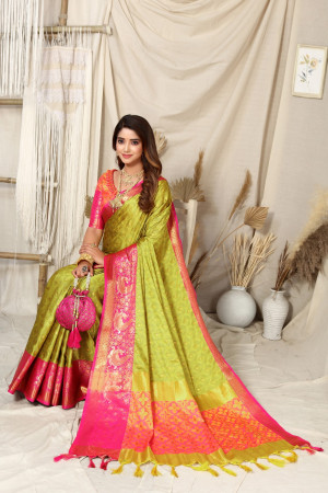 Lemon yellow and rani pink color soft cotton silk saree with woven design