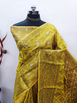 Yellow color soft handloom cotton saree with zari weaving work