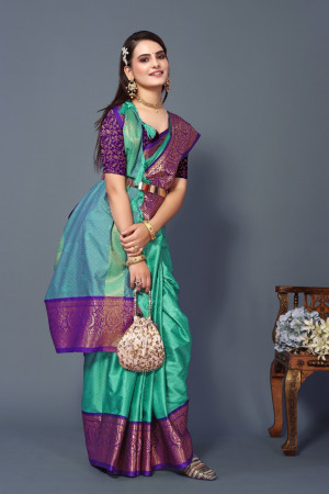 Rama green color soft cotton silk saree with woven design