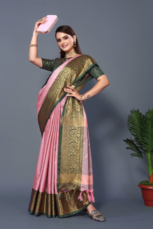 Baby pink color soft cotton silk saree with woven design
