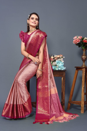 Peach color soft cotton silk saree with woven design
