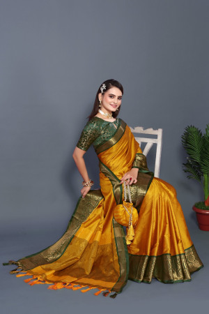 Mustard yellow color soft cotton silk saree with woven design