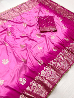 Baby pink color soft muslin silk saree with zari weaving work