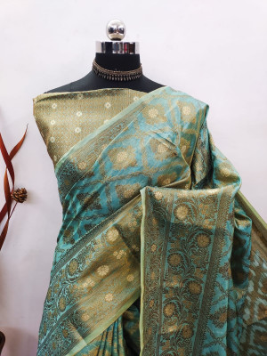 Sky blue color soft handloom cotton saree with zari weaving work
