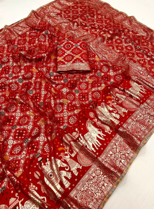 Red color soft viscose silk saree with zari weaving work