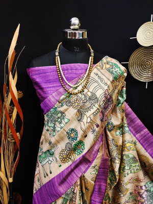 Purple color tussar silk saree with kalamkari printed design