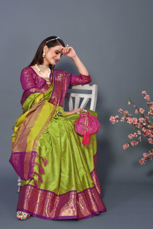 Mahendi green color soft cotton silk saree with woven design