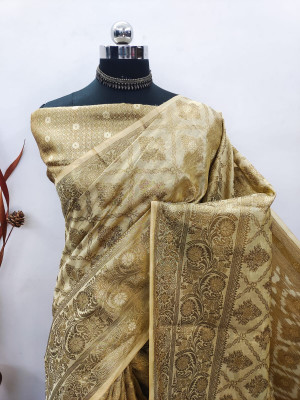 Beige color soft handloom cotton saree with zari weaving work