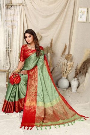 Pista green color soft cotton silk saree with woven design