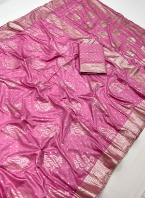 Pink color soft muslin silk saree with zari weaving work