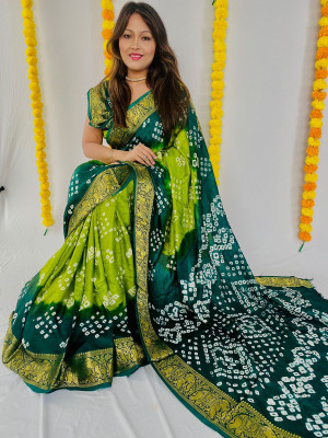 Parrot green and green color soft hand bandhej silk saree with zari weaving work