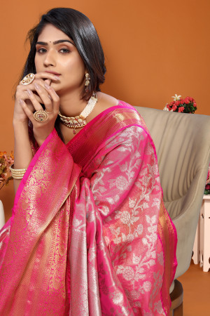 Peach color banarasi silk saree with zari weaving work